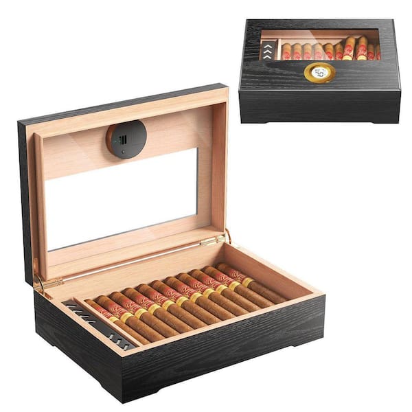9.2in. W x 2in. H Black Cedar Wood Cigar Humidor Box with Glass Top, Digital Hygrometer, Humidifier for 20-25 Cigars