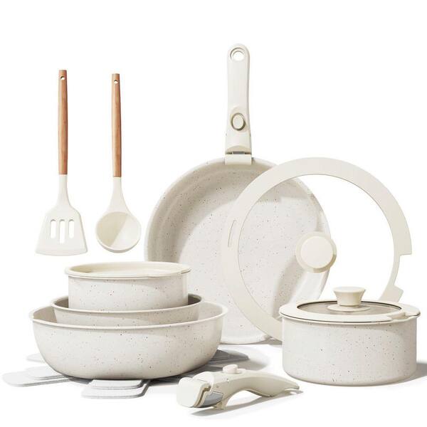 17-Piece Ceramic Nonstick Stock Pot Set Cream White Finish Healthy Non-Toxic Scratch Resistant Dishwasher Safe