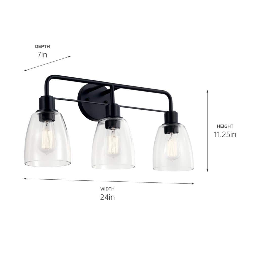 Black 3-Light Vanity Fixture with Clear Glass Shades