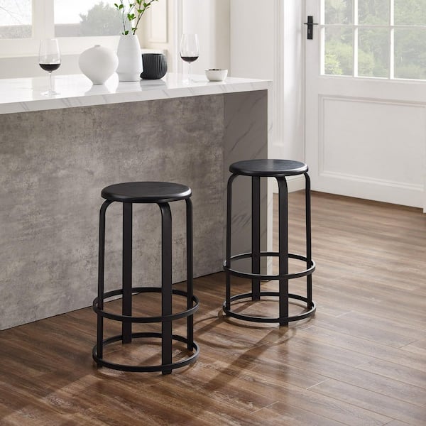 26 in. Black Backless Metal-Frame Stackable Wood-Seat Bar Stool, Set of 2