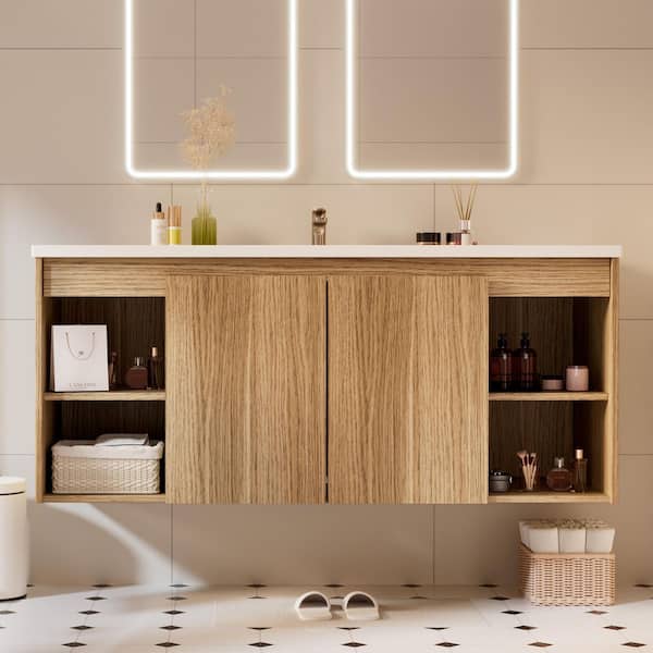 Natural Wood 48 in. Single Sink Floating Bath Vanity with White Resin Top, 2-Soft-Closing Doors and 4-Shelves