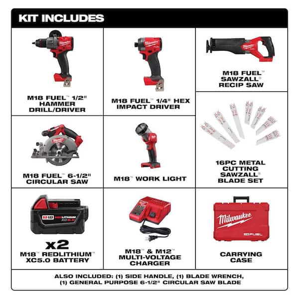 M18 FUEL 18V Lith-Ion Brushless Cordless Combo Kit (5-Tool) w/ Two 5.0 Ah Batteries, 1 Charger, & SAWZALL Blade Set