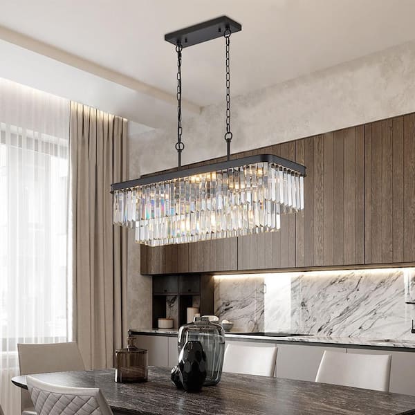 Crysia 34 in. 11-Light Black Linear Rectangular Crystal Chandelier for Kitchen Island Dining Room