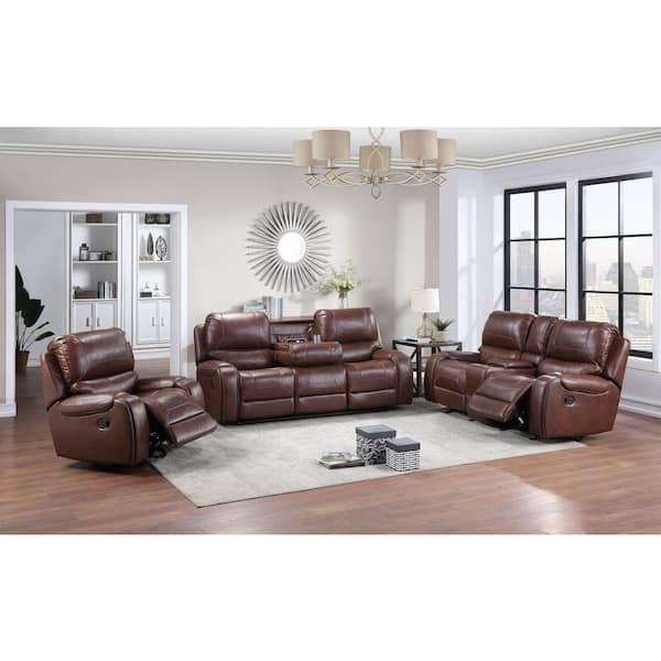 Keily 3 Piece Brown Manual Reclining Faux Leather Living Room Set