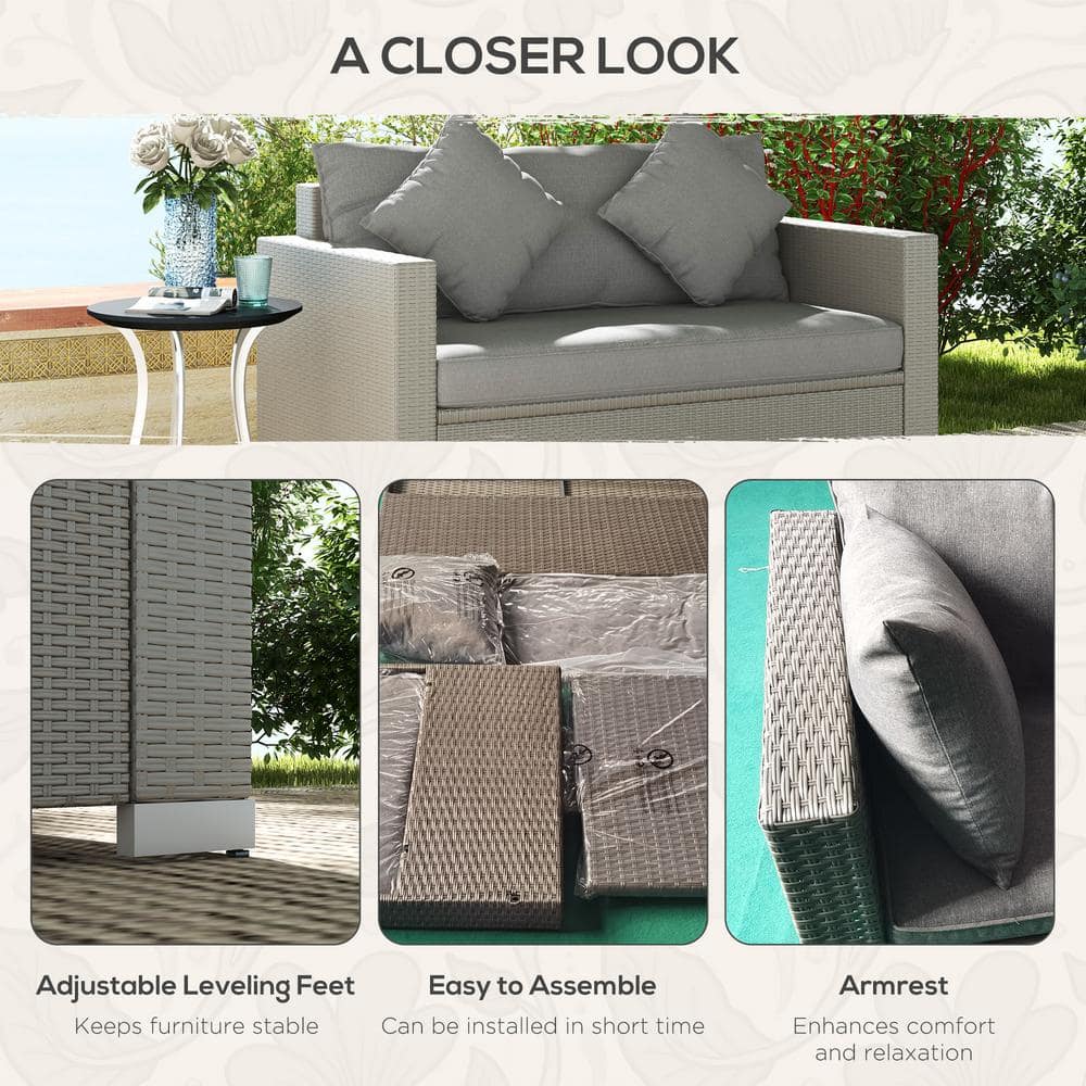 Gray Wicker Outdoor Loveseat with Cushions and Throw Pillows