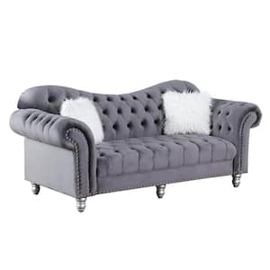 82 in. W Grey Classic America Chesterfield Tufted Camel Back Sofa