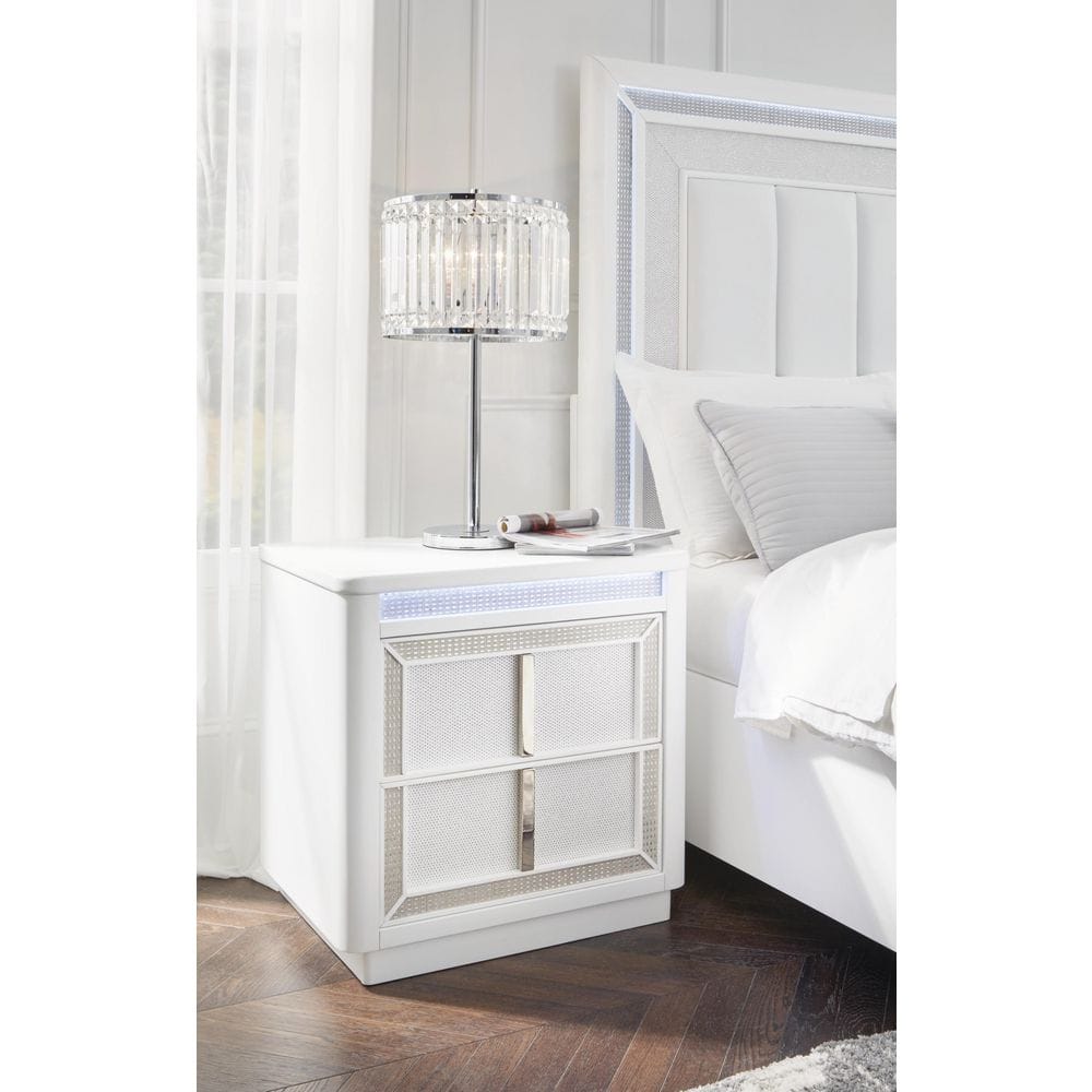 White 2-Drawer Nightstand with LED Lighting and USB Ports