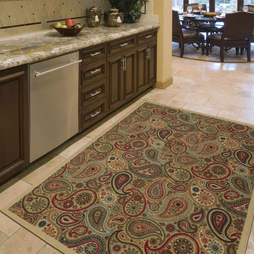 Paisley Design Beige and Red Non-Slip Washable Area Rug
