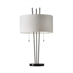 Charlie 28 in. Silver Integrated LED No Design Interior Lighting Table Lamp for Living Room w/White Linen Shade