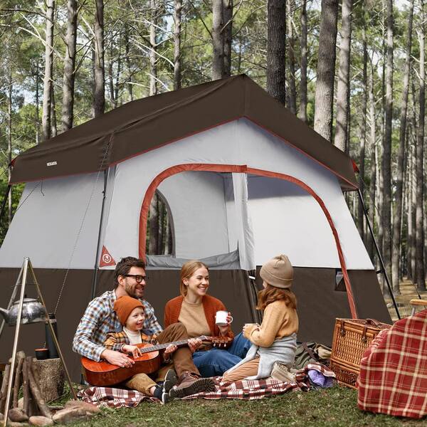x 10 Brown 6-Person Camping Tent Windproof Fabric Cabin - Main Image