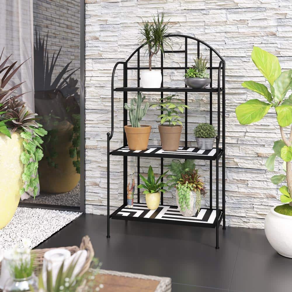 TK CLASSICS 3-Tier Outdoor Folding Metal Plant Stand with Mosaic Tile Shelves