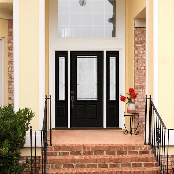 60 in. x 80 in. Right-Hand 3/4 Lite Wendover Decorative Glass Black Steel Prehung Front Door with Sidelites