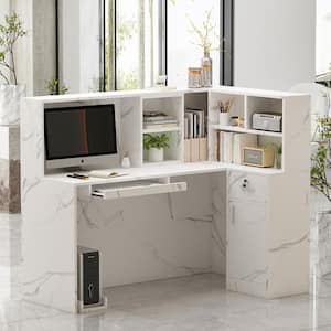 55.9 in. L Shaped Marble Wood Reception Desk Computer Desk with Shelves and Cabinet Writing Table Workstation