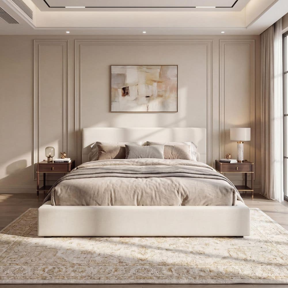 Feynor Modern Beige Linen Upholstered Wood Frame King Size Platform Bed with Thick Headboard - thumbnail 10
