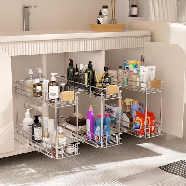 HOMEIBRO 7.5 in. W x 21.5 in. D x 15 in. H 2-Tier Pull-Out Organizer under Cabinet Storage for Kitchen with Wooden Handle