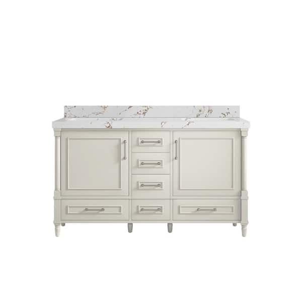 Willow Collections Hudson 60 in. Double Sink Freestanding Alabaster Bath Vanity with Viola Brown Quartz Top Unassembled