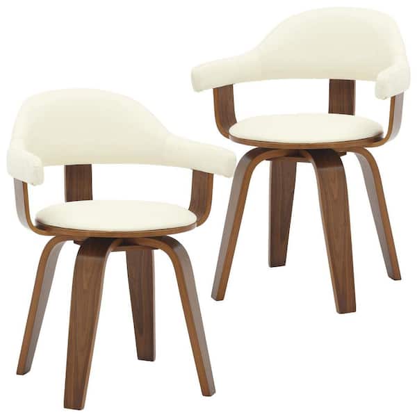 Brivo Leather Dining Chair with Wooden Legs Open-Back Swivel Armchair with Poplar Wood Base (Set of 2) in White