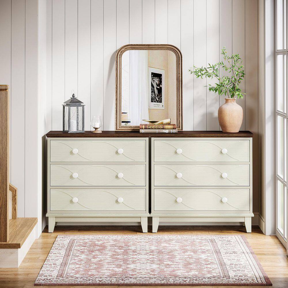 Distressed White and Brown 3-Drawer Farmhouse Nightstand