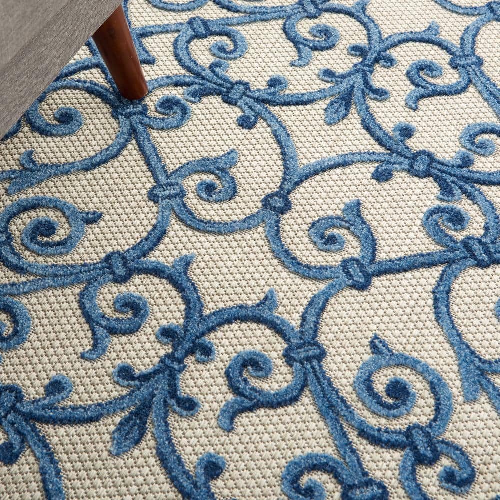 Aloha Contemporary Scroll 5'3" Round Blue/Grey Outdoor Rug