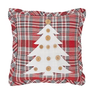 Gregor Red Gray White Plaid 12 in. x 12 in. Button Tree Throw Pillow