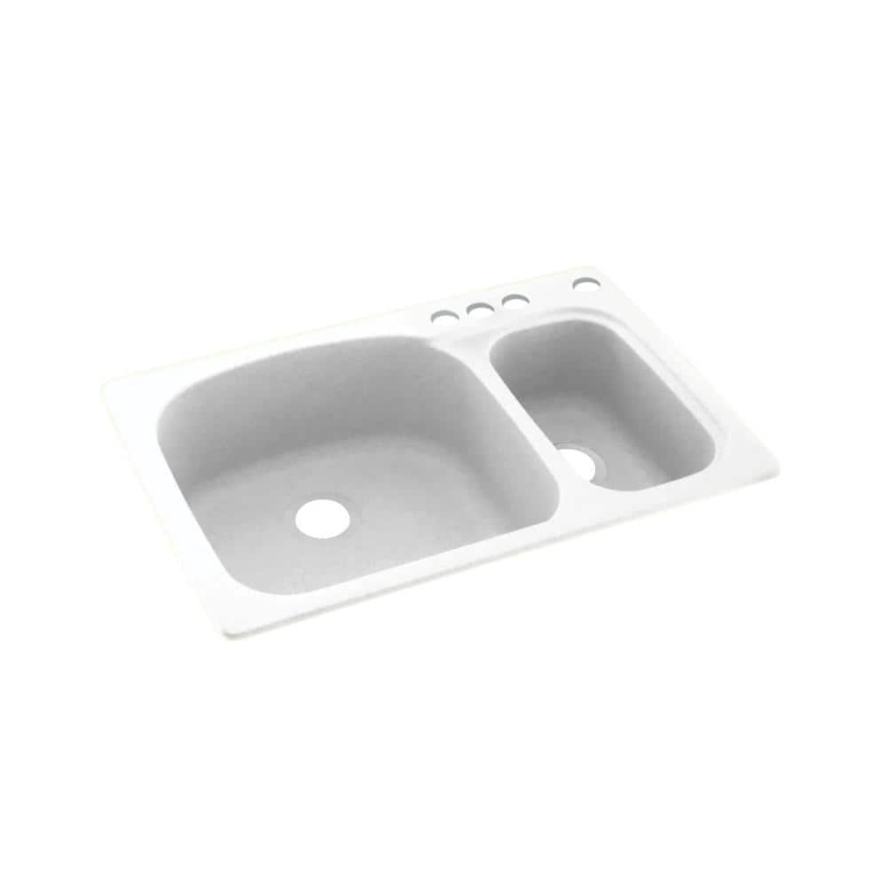 White Matte Solid Surface Double Bowl Kitchen Sink, 33"