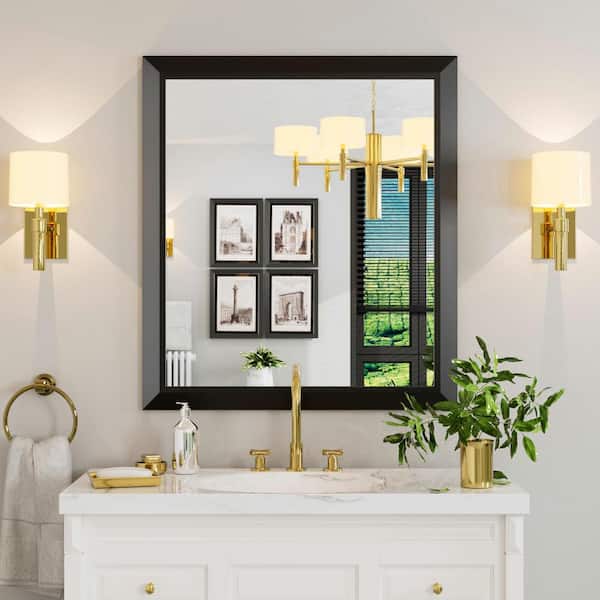Apmir 32 in. W x 36 in. H Rectangular Aluminum Alloy Framed and Tempered Glass Wall Bathroom Vanity Mirror in Matte Black