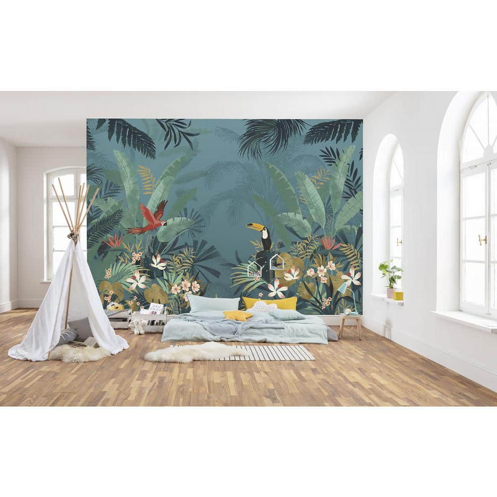 Large Blue Tropical Jungle Wall Mural with Parrots and Toucans