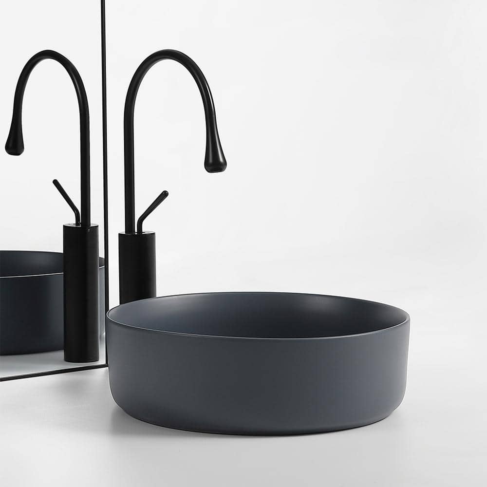 Gray Gloss Ceramic Round Vessel Bathroom Sink