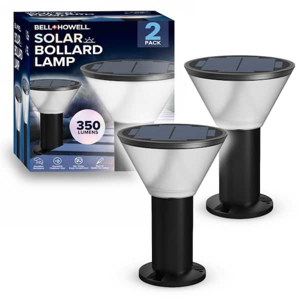Solar Bollard Lamp 12 in. Black 350 Lumens Integrated LED 3 Color Modes Weather Resistant Portable Path Light (2-Pack)
