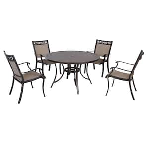 Malbec Dark Gold 5-Piece Cast Aluminum Patio Round Table 28 in. H Outdoor Dining Set with Umbrella Hole