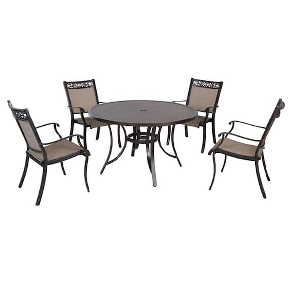 Mondawe Malbec Dark Gold 5-Piece Cast Aluminum Patio Round Table 28 in. H Outdoor Dining Set with Umbrella Hole