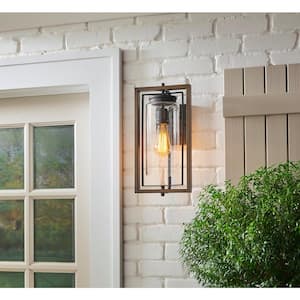 Palermo Grove 15.87 in. 1-Light Gilded Iron Rustic Farmhouse Outdoor Wall Lantern Sconce with Walnut Wood Accents