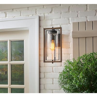 Palermo Grove 8 in. 1-Light Gilded Iron Farmhouse Outdoor Wall Lantern Sconce with Walnut Wood Accents