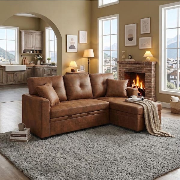 Mary 71 in. Fabric Upholstered L-Shaped Storage Sectional Sofa in Light Brown with Pull-Out Bed, Reversible Chaise