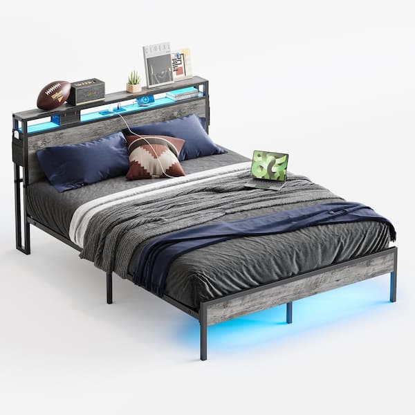 大人気新品 Bestier Grey Metal Frame Queen Size Platform Bed with Charge 手提げ・レッスンバッグ・入園グッズ