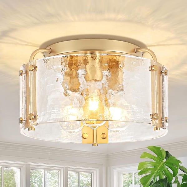 14.17 in. 3-Light Gold Modern Flush Mount Ceiling Light with Water Glass Shade
