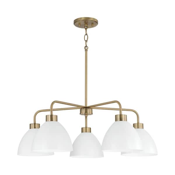 Ross 5-Light Aged Brass and White Chandelier 30 in. W x 9.50 in. H