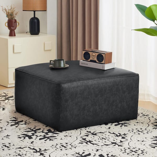 Black 30 in. Square PU Leather Modern Ottoman