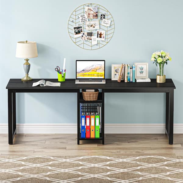 Tribesigns Way to Origin Halseey 78 in. Rectangular Black Wood Computer Desk Two Person Writing Desk with Metal Frame and Storage Shelves