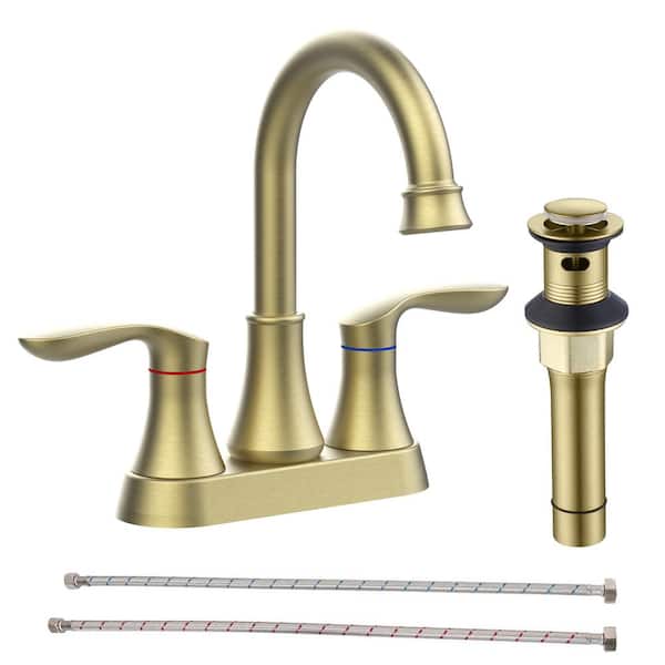 Lukvuzo 2-Handle 4 in. Stainless Steel Bathroom Vanity Sink Faucet with Pop-Up Drain and Supply Hoses in Brushed Gold