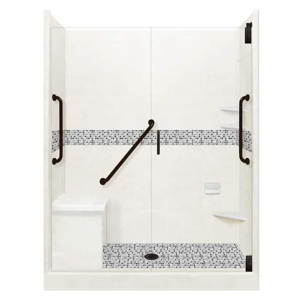 American Bath Factory Del Mar Freedom Grand Hinged 34 in. x 60 in. x 80 in. Center Drain Alcove Shower Kit in Natural Buff and Black Pipe