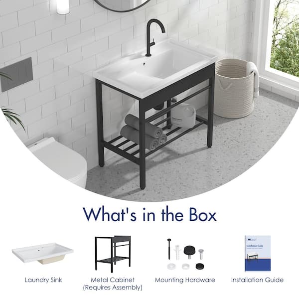 Eridanus Branson 32 in. W x 19 in. D Vitreous China Freestanding Utility/Laundry Sink with Cabinet in White, with Drainboard Set