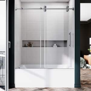 UKS04 56 to 60 in. W x 66 in. H Sliding Frameless Bathtub Door in Stainless Steel with 3/8" SGCC Opti-White Clear Glass
