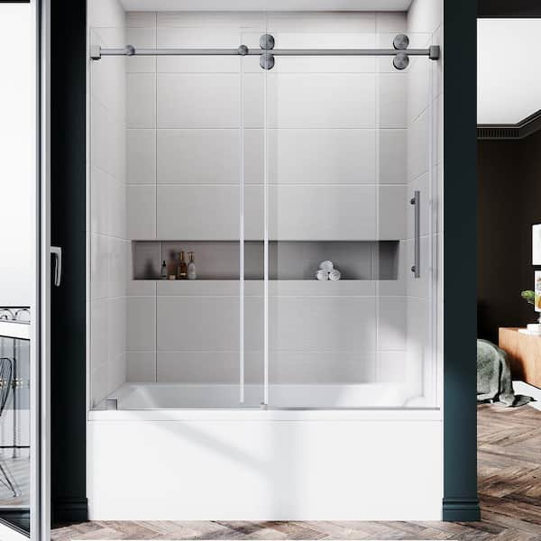 UNIKOO UKS04 56 to 60 in. W x 66 in. H Sliding Frameless Bathtub Door in Stainless Steel with EnduroShield SGCC Clear Glass