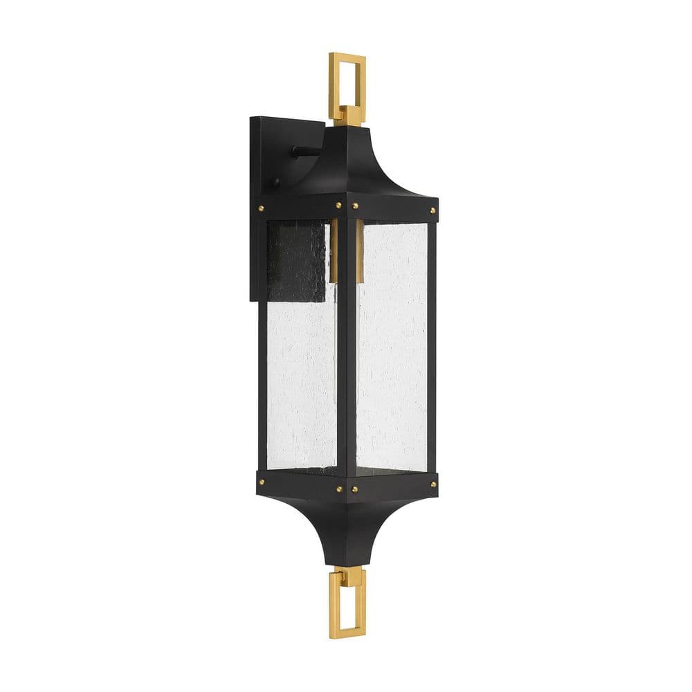 Matte Black and Brass Outdoor Wall Lantern with Seeded Glass