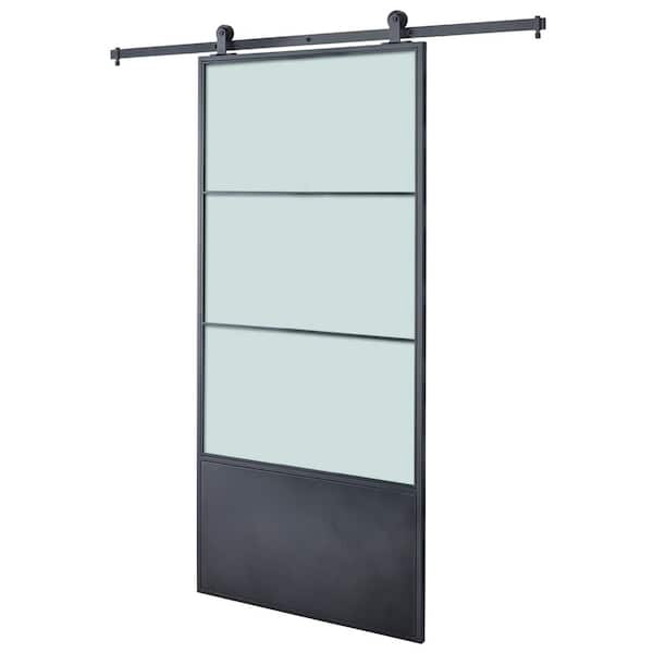 Unbranded 37 in. x 84 in. 3/4 Lite Concorde KD Frosted Glass Black Metal Frame Finish Sliding Barn Door with Hardware Kit