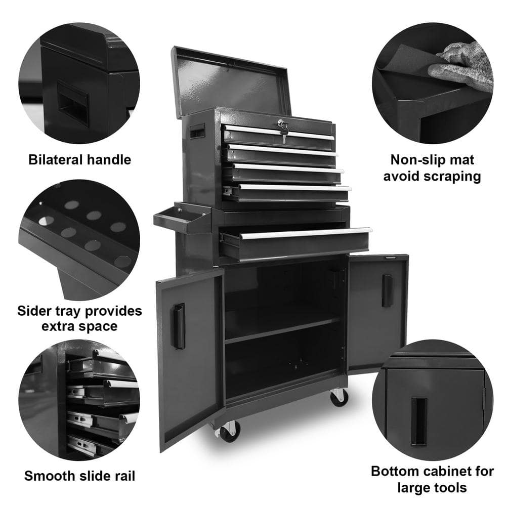 Black 5-Drawer Rolling Steel Tool Chest with Lockable Cabinet