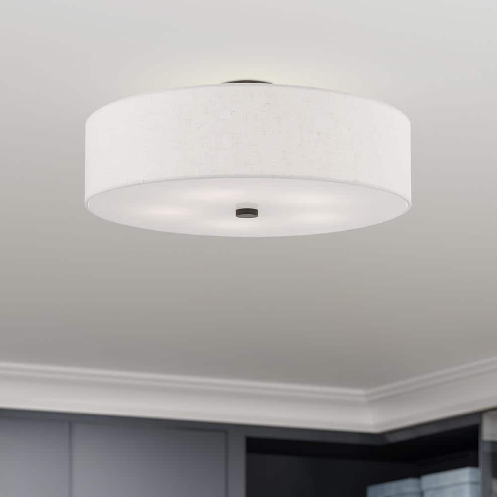 English Bronze 5-Light Semi-Flush Mount with Fabric Drum Shade