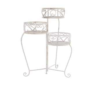 3-Tier Antique White Metal Decorative Folding Plant Stand Display with Laser Cut Shelves