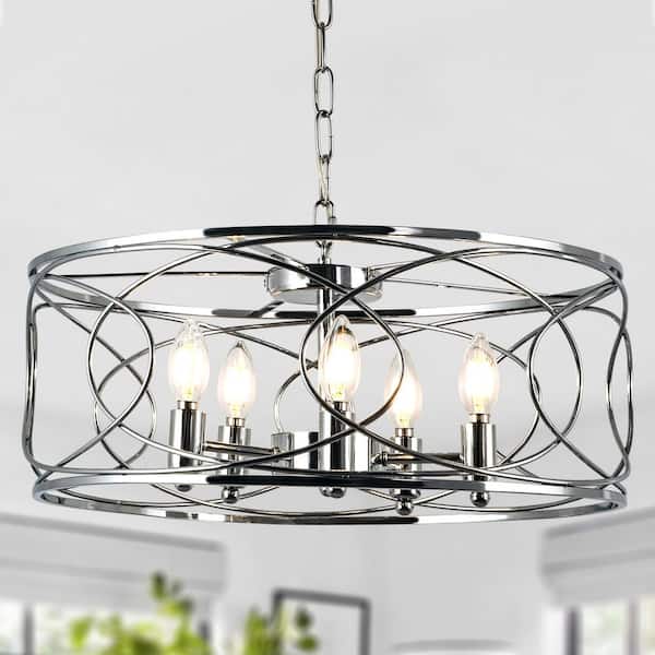 Oaks Aura Solaco 20 in. 5-Light Chrome Modern Industrial Caged Chandelier w/ Adjustable Chain for Dinning Room Bedroom Living Room